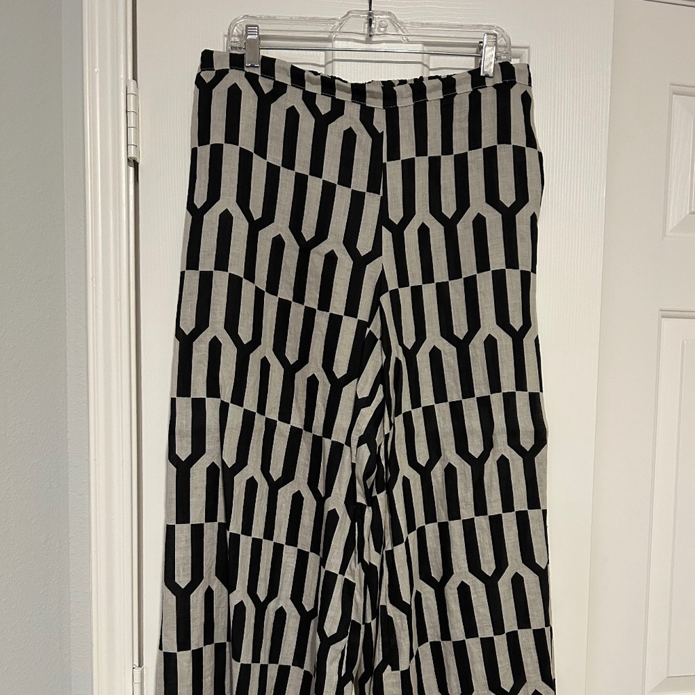 bryn Walker Linen Black/Beige Palazzo Wide Leg Pull-On Pants Size L Vacation!